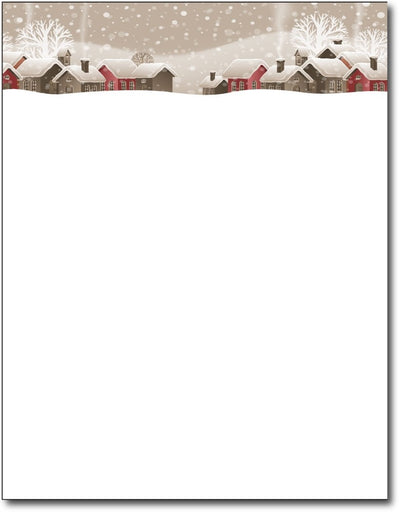snowy winter village christmas stationery Paper letterhead , measures 8 1/2" x 11", compatible with inkjet and laser