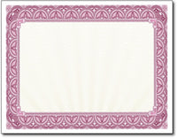 28lb Magenta Border Certificates measure 8 1/2" x 11", comaptible with inkjet, laser, and copier.