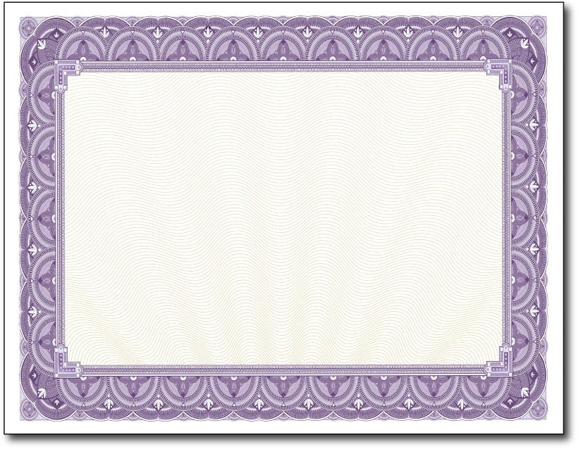 65lb Purple Border Certificates measure 8 1/2" x 11", comaptible with inkjet, laser, and copier.