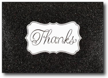 Fun Black Glitzy Glitter Thank You Cards feature Black Glitter Texture on the front with the word "Thanks" printed in cursive over a white background