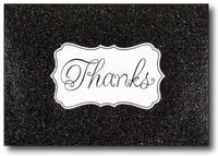 Fun Black Glitzy Glitter Thank You Cards feature Black Glitter Texture on the front with the word "Thanks" printed in cursive over a white background