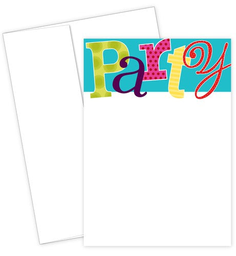 Patterned Party Flat Card Invitation Set featuring colorful lettering over a white and blue background