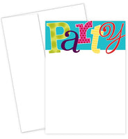 Patterned Party Flat Card Invitation Set featuring colorful lettering over a white and blue background