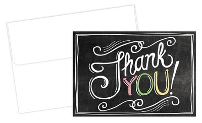Chalkboard Thank You Cards feautre the phrase "Thank You" in a hand-written style on a chalkboard like background