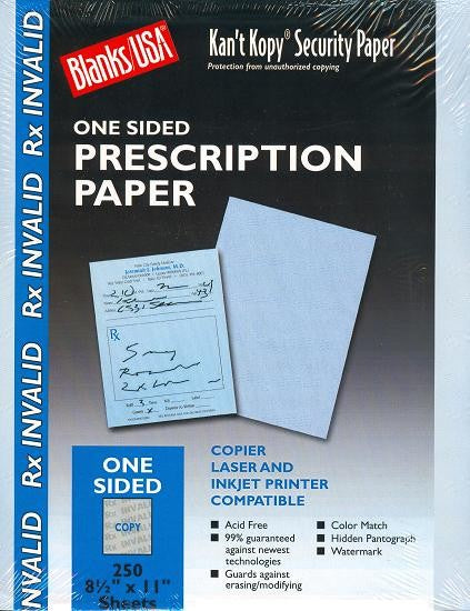 60 lb Blue Security Prescription paper, measure (8 1/2" x 11") , compatible with copier,inkjet and laser , matte both sides