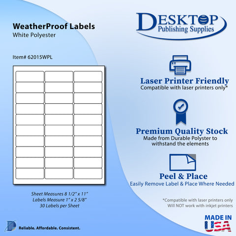 Waterproof Labels - 1" x 2-5/8" (30up)  - White