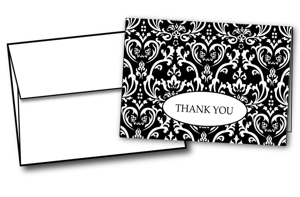 65 lb Formal Black & White damask Thank You Note, measure (3.375" x 4.875") , compatible with copier,inkjet and laser , matte both sides