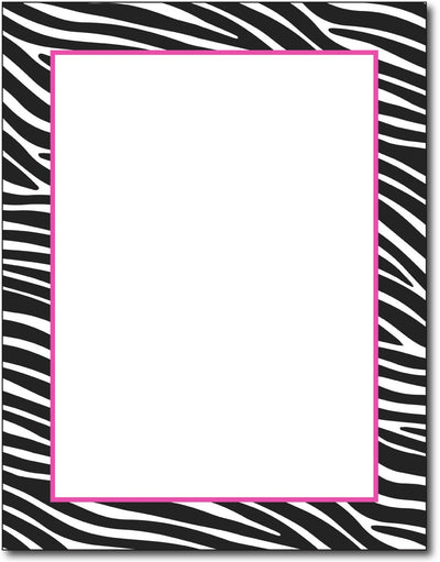 black & white zebra border design with fuchsia / pink accent. Printed on 24lb bond paper. Works with inkjet or laser printers