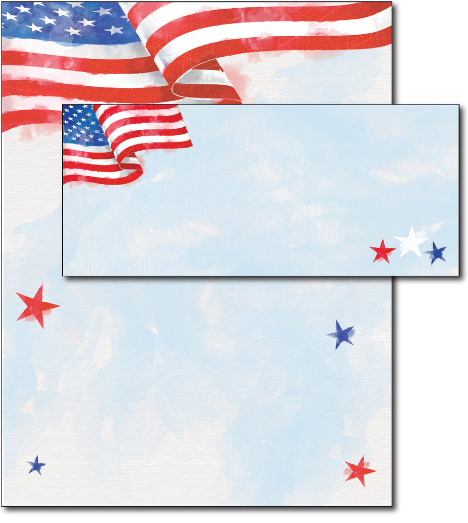 Painted American Flag Patriotic Stationery Paper & Envelopes