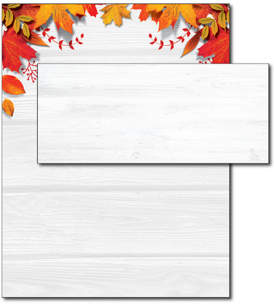 Fall Leaves Over Wood Letterhead & Envelopes