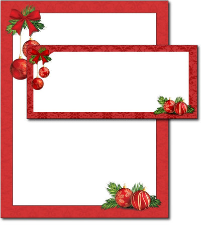 red christmas bulbs Letterhead & Envelopes -  40 Sets, compatible with inkjet and laser