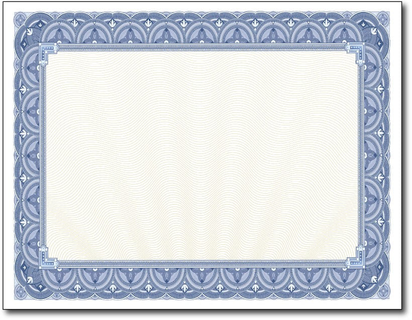 28lb Blue Border Certificates measure 8 1/2" x 11", comaptible with inkjet, laser, and copier.