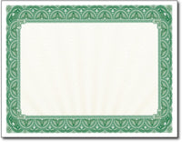 28lb Green Border Certificates measure 8 1/2" x 11", comaptible with inkjet, laser, and copier.