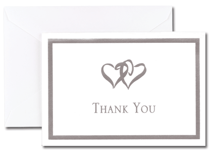 Silver Double Hearts Thank You Cards, measure(5.5" x 7.75")
