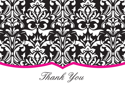 Thank You cards featuring a Damask design with Fuchsia and the phrase "Thank You"