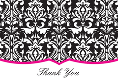 Thank You cards featuring a Damask design with Fuchsia and the phrase "Thank You"