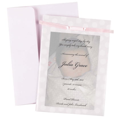 Pink Baby Dots Invitation kit features a beautiful translucent overlay, ribbons, and matching pink envelopes