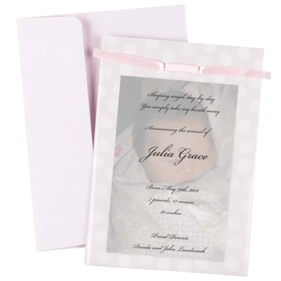 Pink Baby Dots Invitation kit features a beautiful translucent overlay, ribbons, and matching pink envelopes