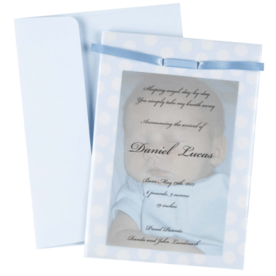 Blue Baby Dots Invitation kit features a beautiful translucent overlay, ribbons, and matching blue envelopes
