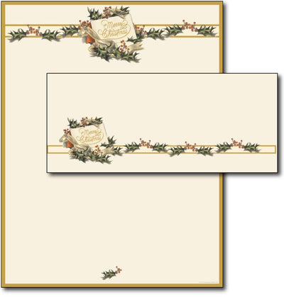 Vintage Christmas Holly Letterhead & Envelopes - 40 Sets, compatible with inkjet and laser