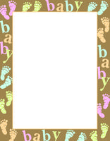 Baby Dots & Feet stationery featuring baby feet illustrations and the word "Baby" in muiltple colors around the border of the letterhead