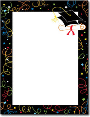 Grad Swirls Flat Card Invitations & Envelopes featuring a black border with a diploma and graduation cap over a white background