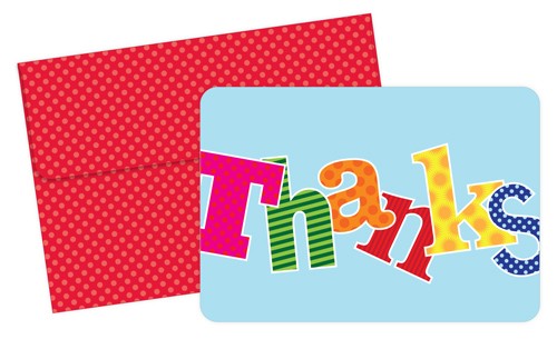 Carnival Thank You Cards featuring colorful lettering over a light blue background and a red envelope