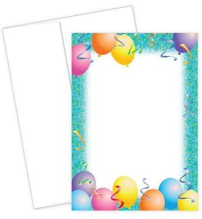 Party Flat Card Invitation Set featuring colorful balloons and streamers
