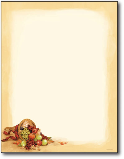 Cornucopia Letterhead Paper features a bountiful cornucopia of fruit with a simple light brown border over a white background