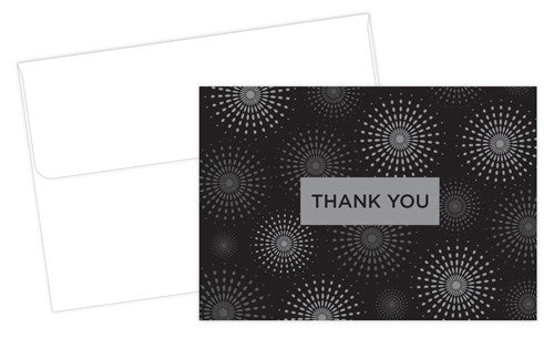Grad Fireworks Graduation Thank You Note Cards feature Silver Foil Bursts over a black background and the phrase "Thank You"
