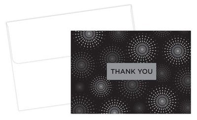 Grad Fireworks Graduation Thank You Note Cards feature Silver Foil Bursts over a black background and the phrase "Thank You"