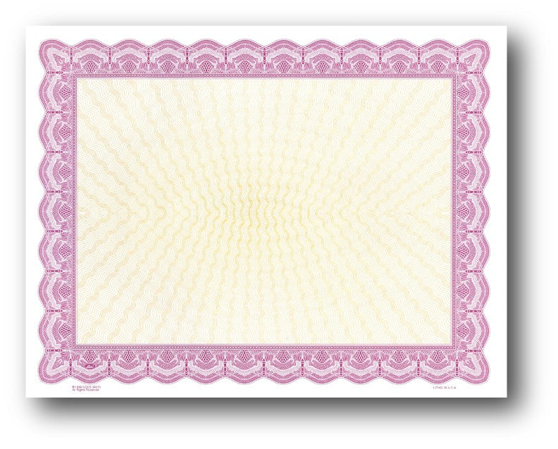 24lb certificate features a gold burst in the background measure 8 1/2" x 11" with a Magenta Border.