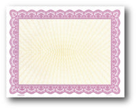 24lb certificate features a gold burst in the background measure 8 1/2" x 11" with a Magenta Border.