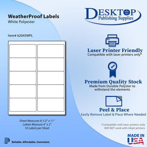 Waterproof Labels - 4" x 2" (10up)  - White