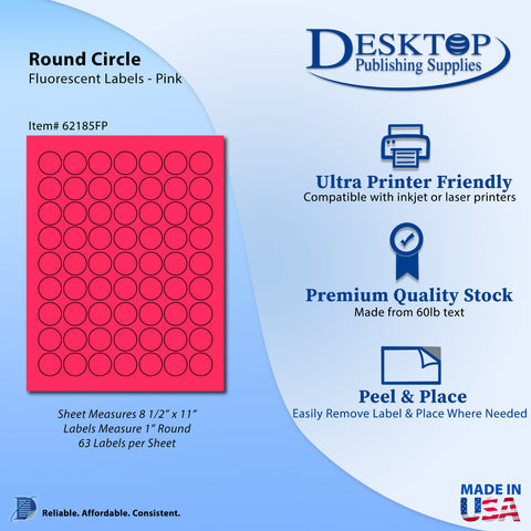 Pink 1" Round Labels - 63up - Permanent Adhesive