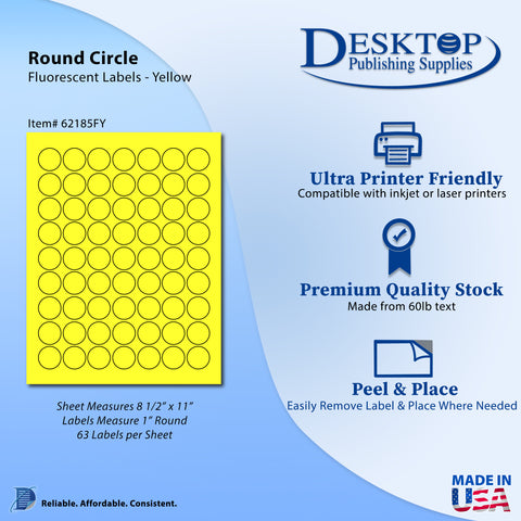 Yellow 1" Round Labels - 63up - Permanent Adhesive