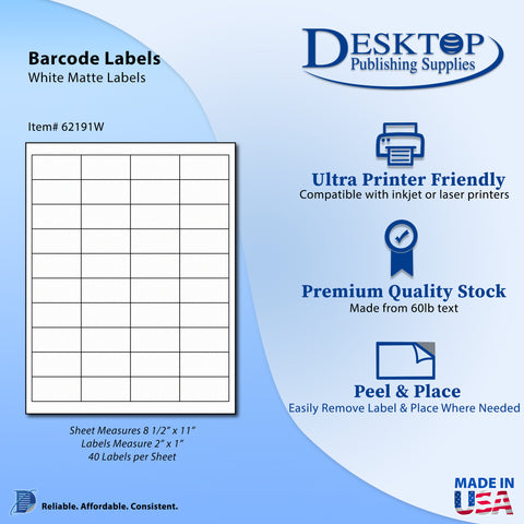 Blank White 1" x 2" Labels - 40up - Permanent Adhesive