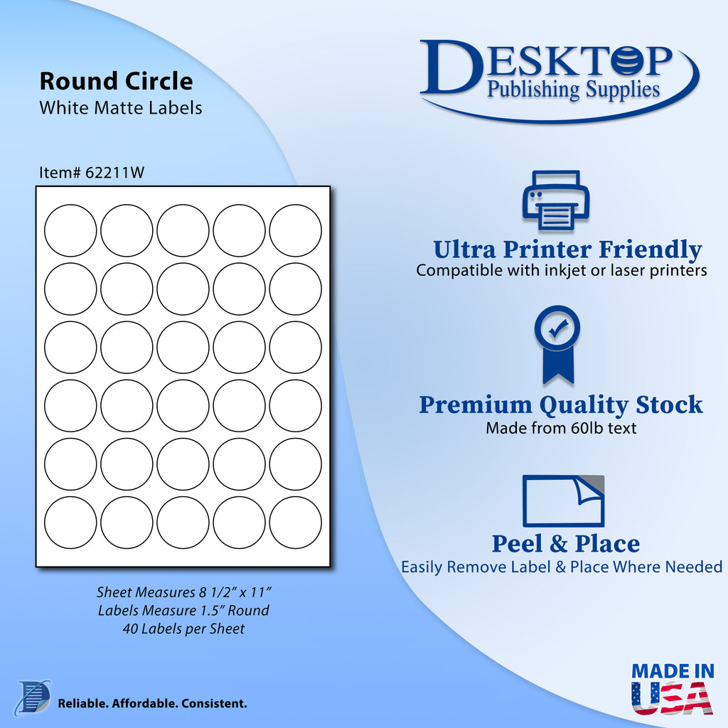 Blank White 1.5" Round Labels 30up Permanent Adhesive