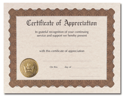 65lb Certificate of Appreciation Award ,  measure ( 8 1/2" x 11") , compatible with inkjet and laser