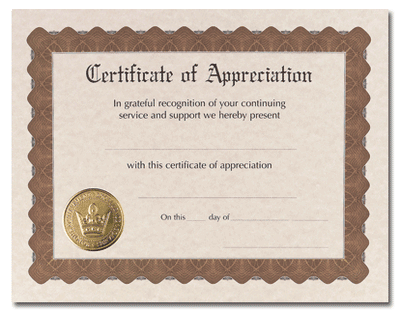 65lb Certificate of Appreciation Award ,  measure ( 8 1/2" x 11") , compatible with inkjet and laser