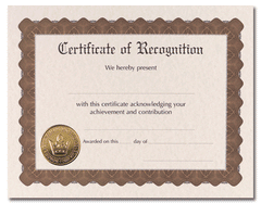 65lb Certificate of Recognition Award ,   measure (8 1/2" x 11") , compatible with inkjet and laser