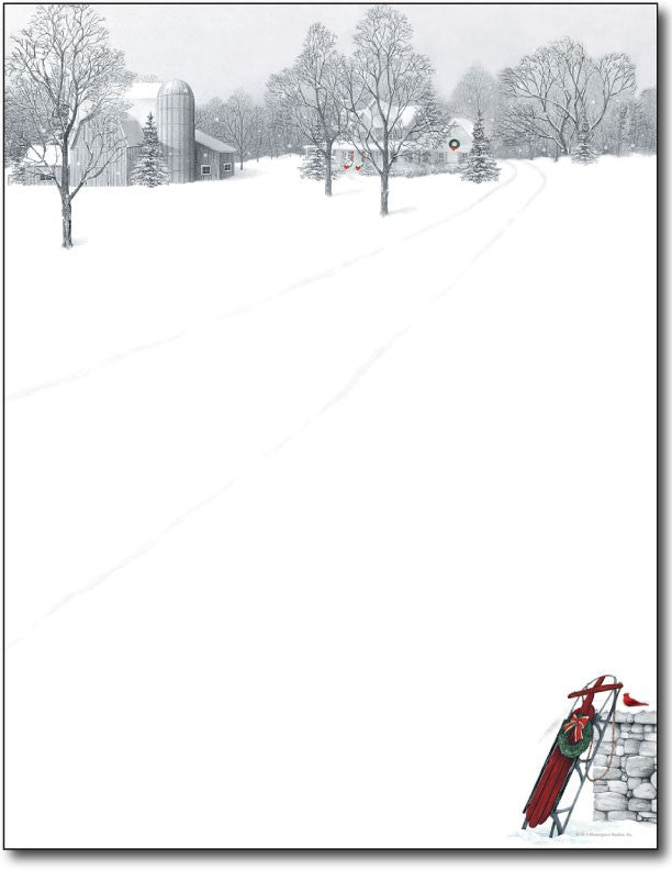 60lb Winter Scene & Sled Letterhead Sheets,  measure (8 1/2" x 11") , compatible with inkjet and laser